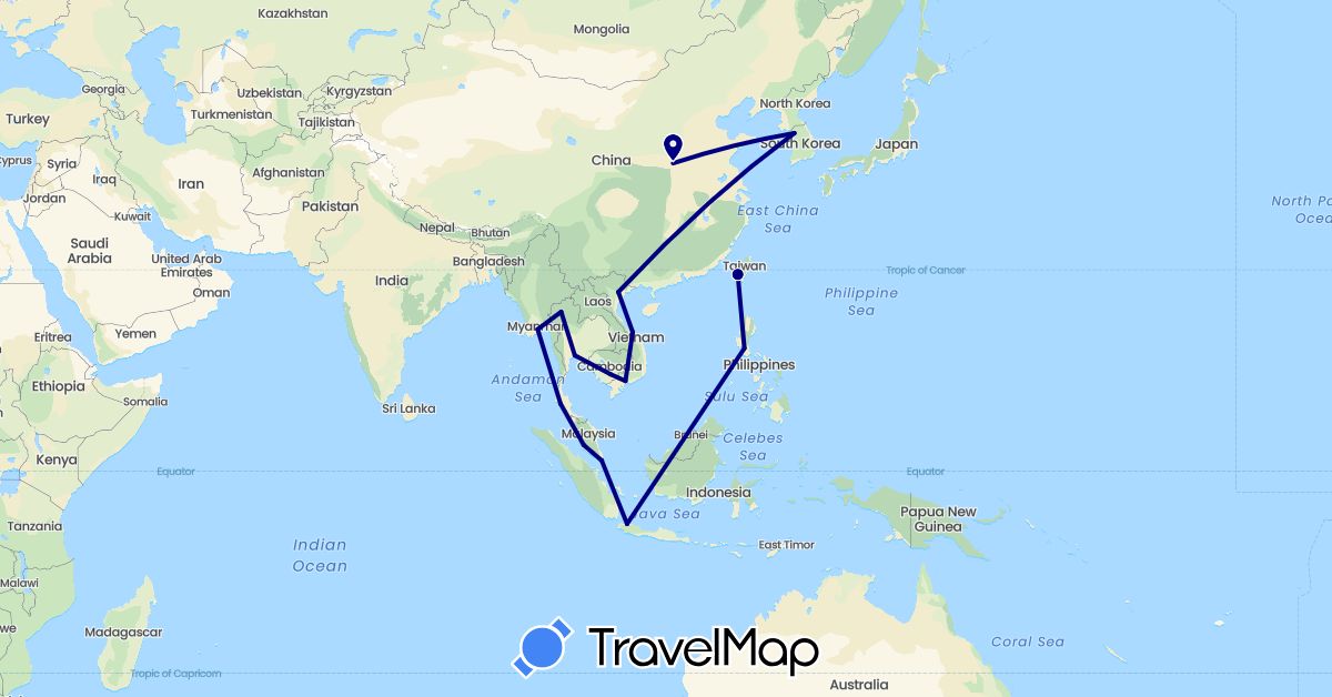 TravelMap itinerary: driving in China, Indonesia, Cambodia, South Korea, Myanmar (Burma), Malaysia, Philippines, Singapore, Thailand, Taiwan, Vietnam (Asia)